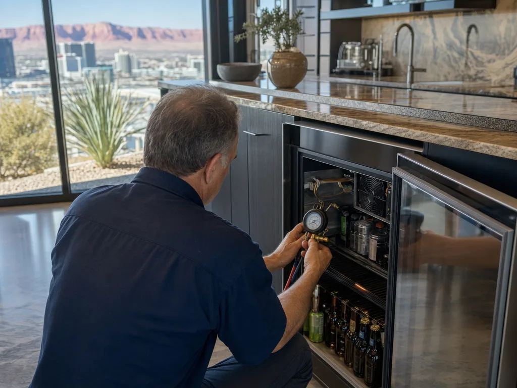 Technician repairing a built-in beverage center in a Las Vegas kitchen