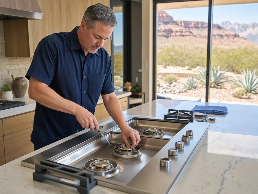 Technician repairing a built-in cooktop in a Las Vegas kitchen