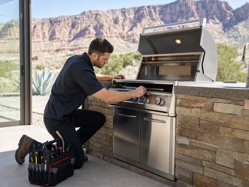 Technician servicing a DCS built-in appliance in a Las Vegas home