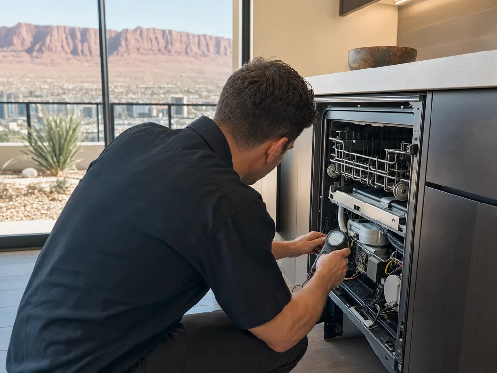 Technician repairing a built-in dishwasher in a Las Vegas kitchen