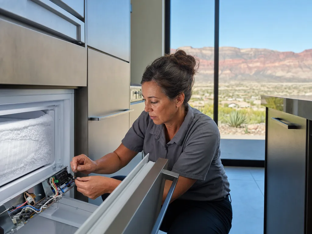 Technician repairing a built-in freezer in a Las Vegas kitchen