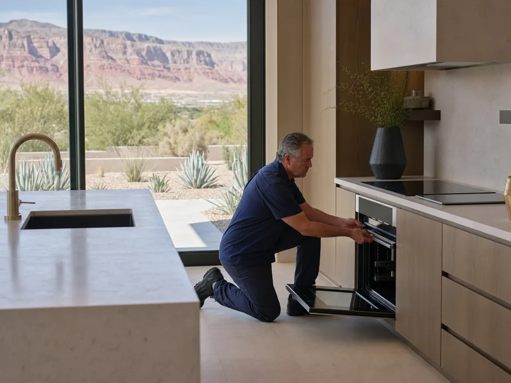 Technician servicing a Gaggenau built-in appliance in a Las Vegas home