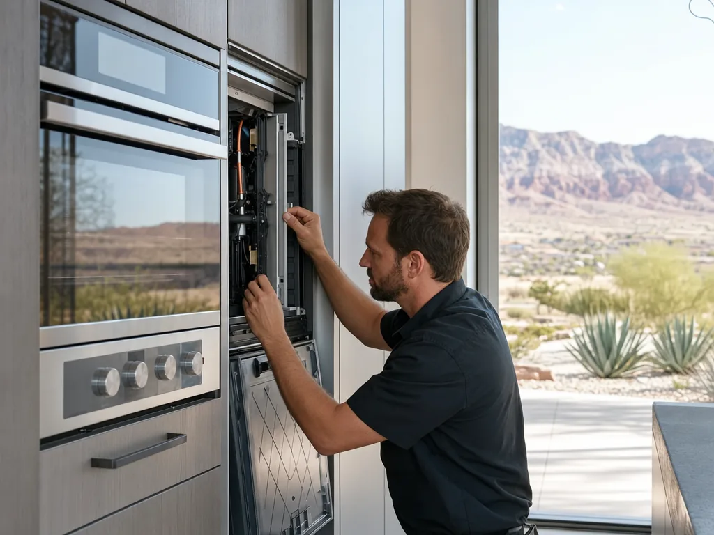 Technician servicing a GE Monogram built-in appliance in a Las Vegas home