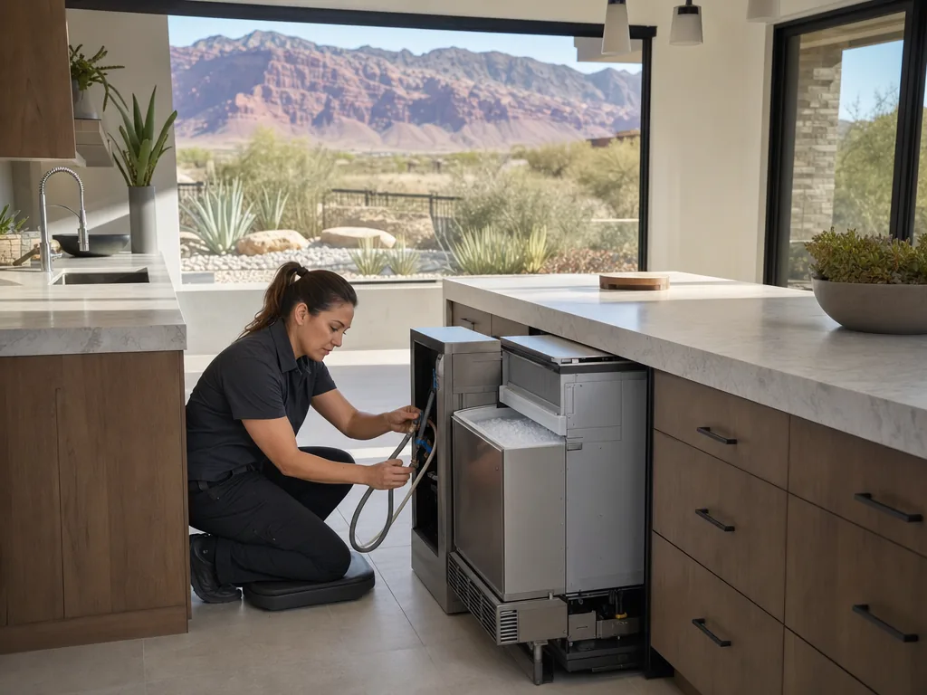 Technician repairing a built-in ice maker in a Las Vegas kitchen