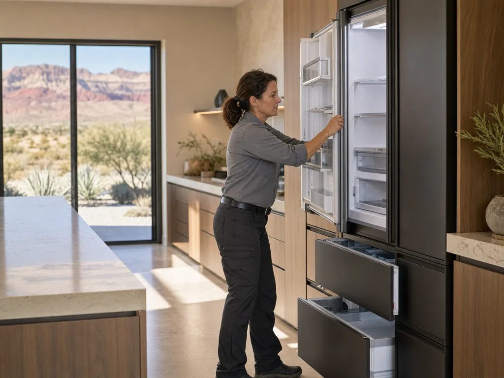 Technician servicing a JennAir built-in appliance in a Las Vegas home