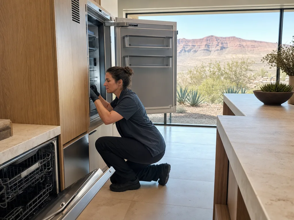 Technician servicing a KitchenAid built-in appliance in a Las Vegas home