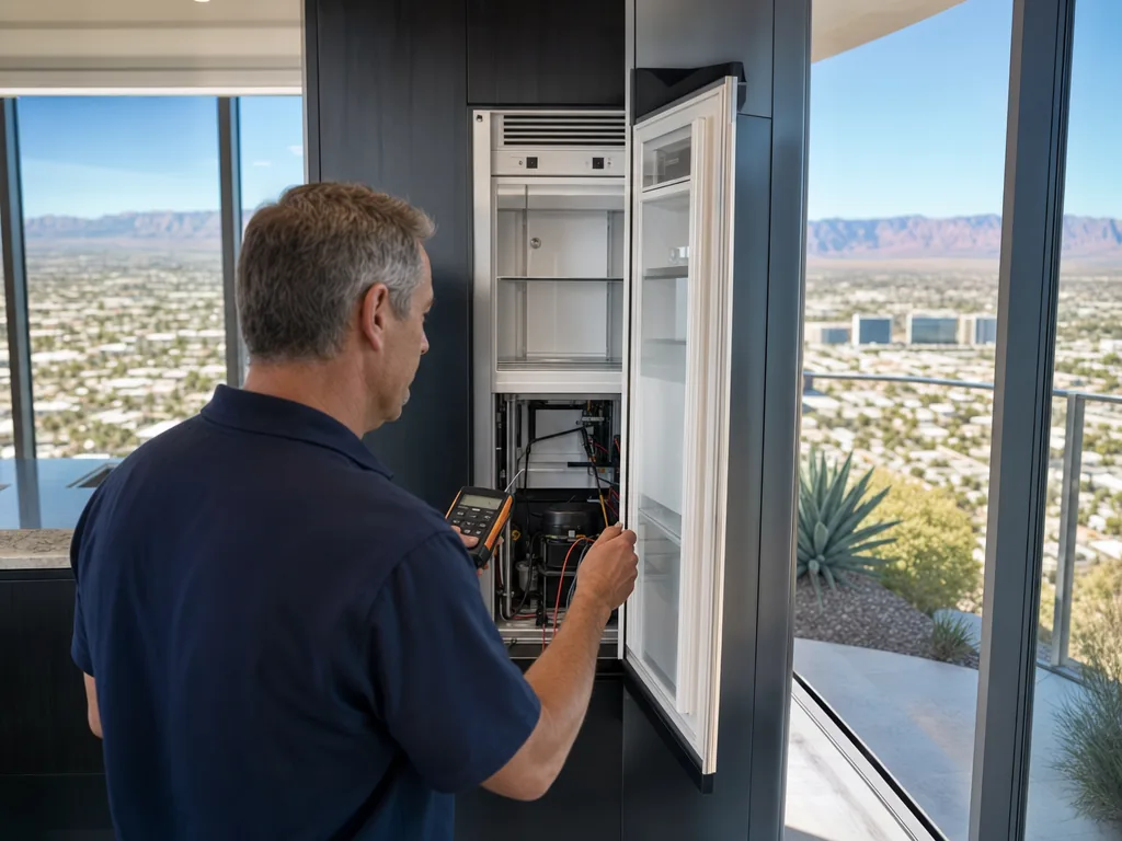 Technician servicing a Liebherr built-in appliance in a Las Vegas home