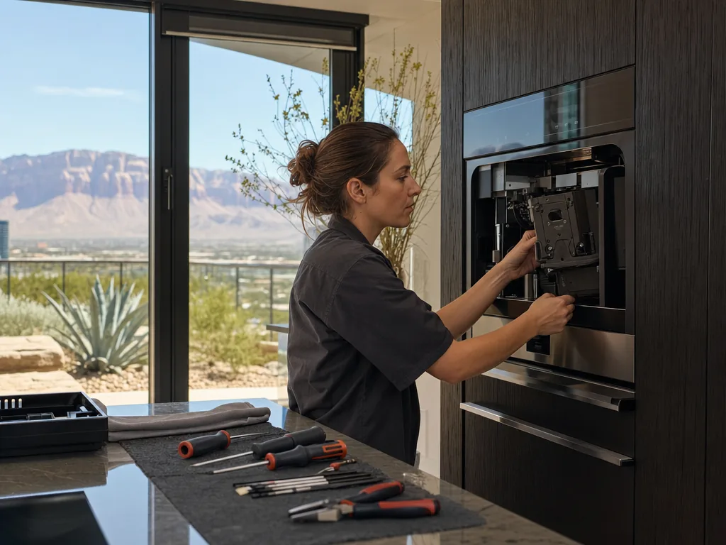 Built-in coffee system opened for repair in a Las Vegas kitchen