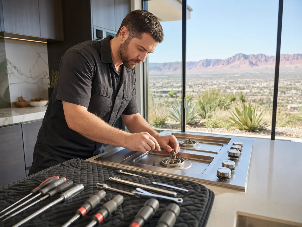 Built-in cooktop opened for repair in a Las Vegas kitchen