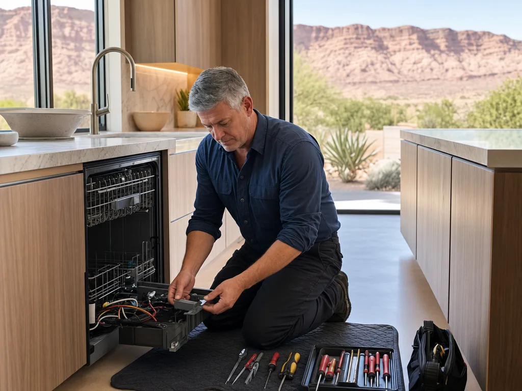 Built-in dishwasher opened for repair in a Las Vegas kitchen