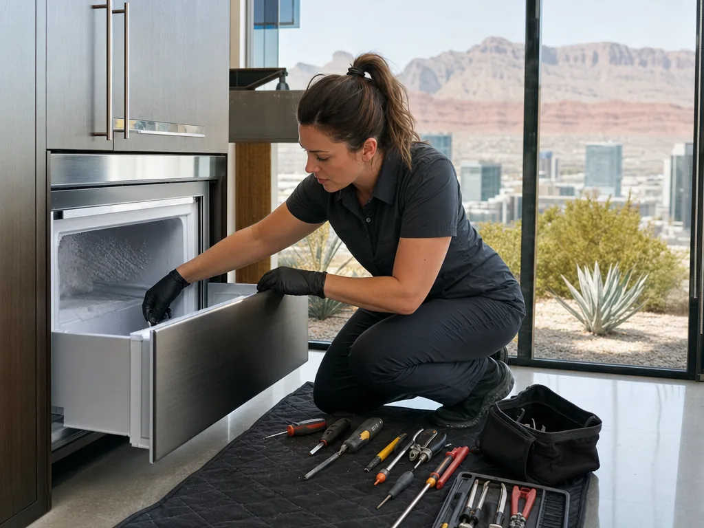 Built-in freezer opened for repair in a Las Vegas kitchen