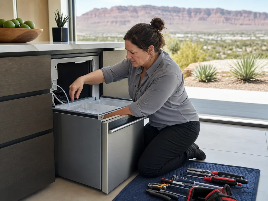 Built-in ice maker opened for repair in a Las Vegas kitchen