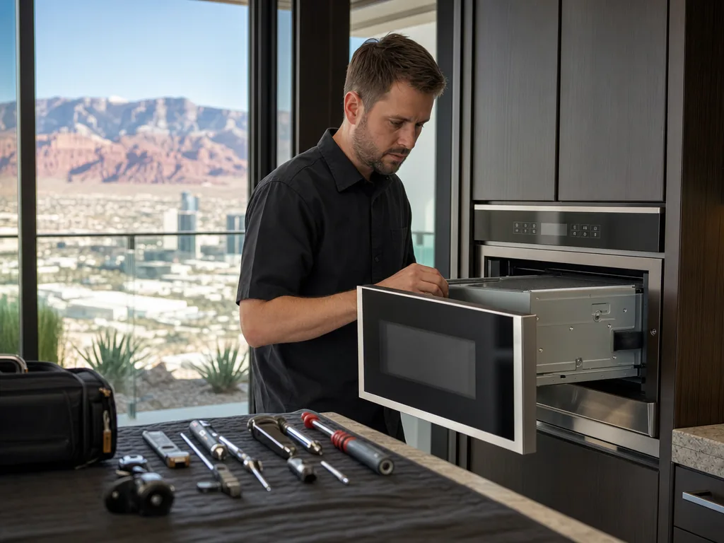 Built-in microwave opened for repair in a Las Vegas kitchen