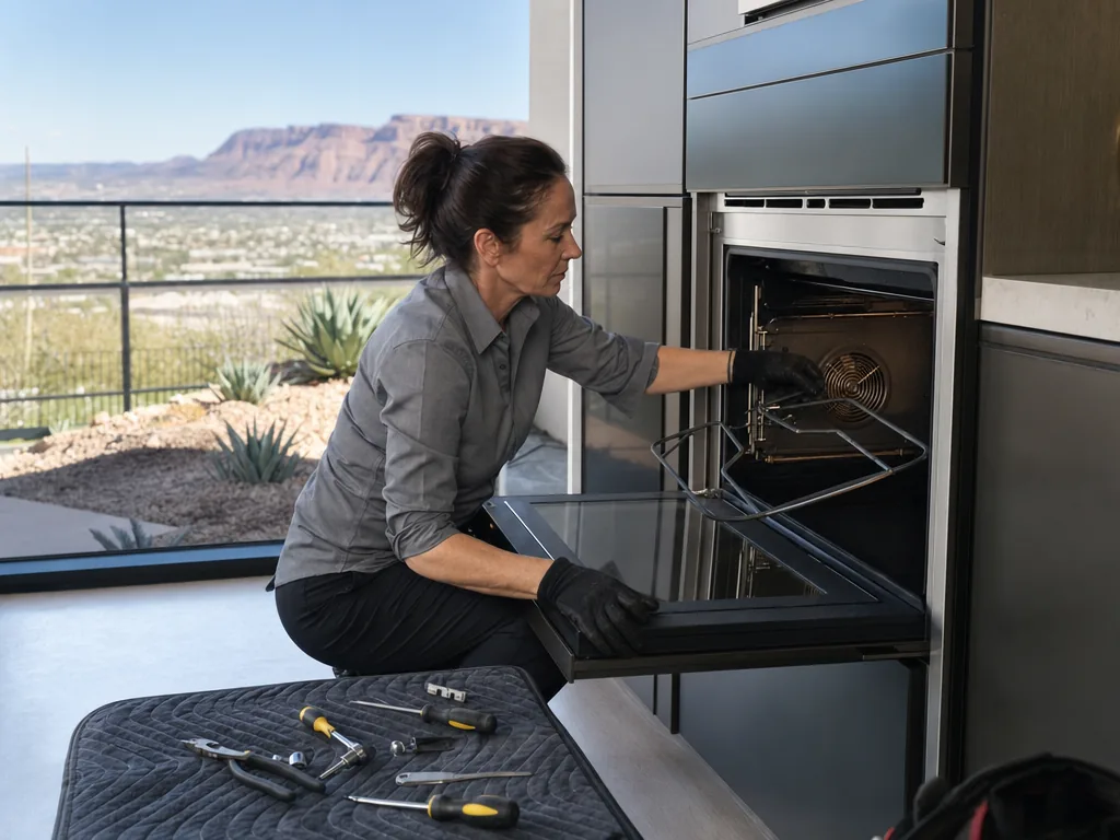 Built-in oven opened for repair in a Las Vegas kitchen