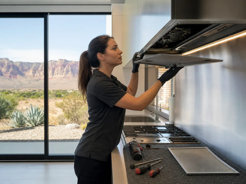 Built-in range hood opened for repair in a Las Vegas kitchen