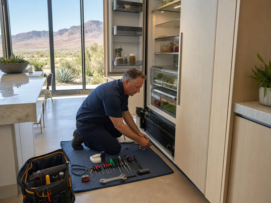 Built-in refrigerator opened for repair in a Las Vegas kitchen