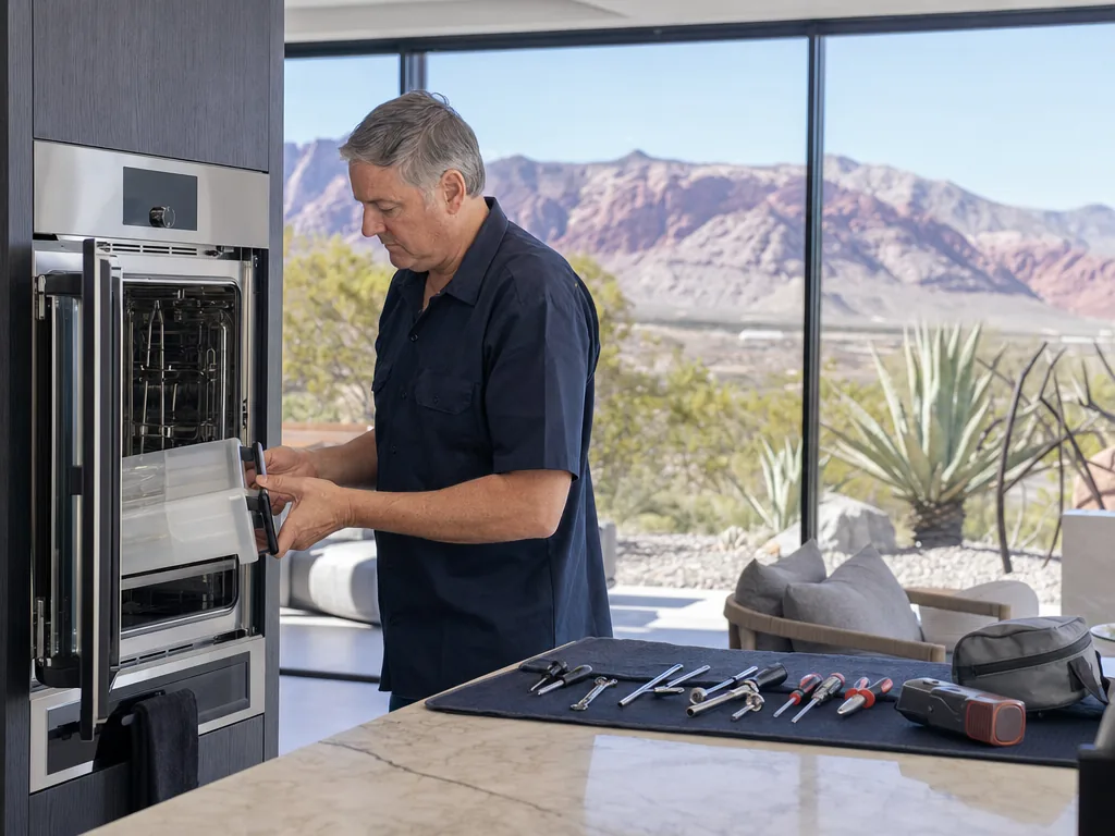 Built-in steam oven opened for repair in a Las Vegas kitchen
