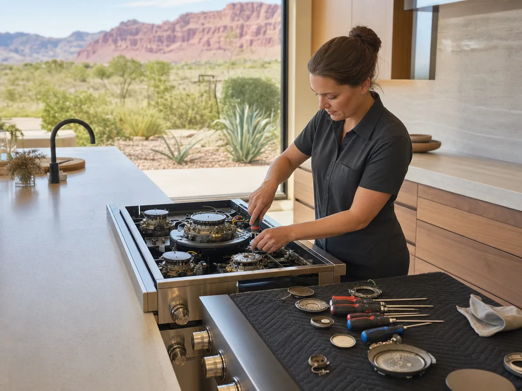 Built-in stove opened for repair in a Las Vegas kitchen