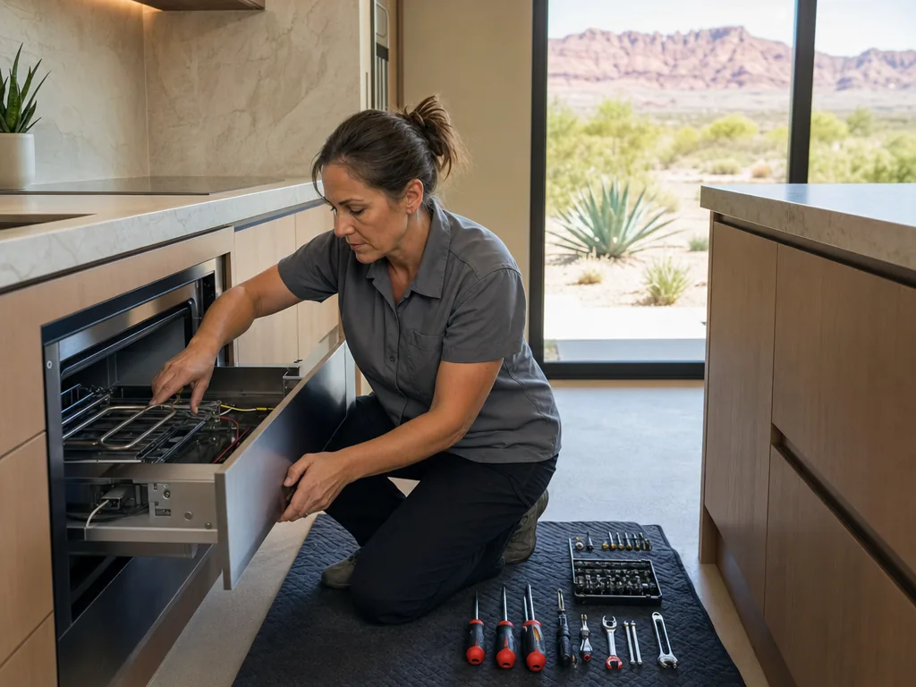 Built-in warming drawer opened for repair in a Las Vegas kitchen