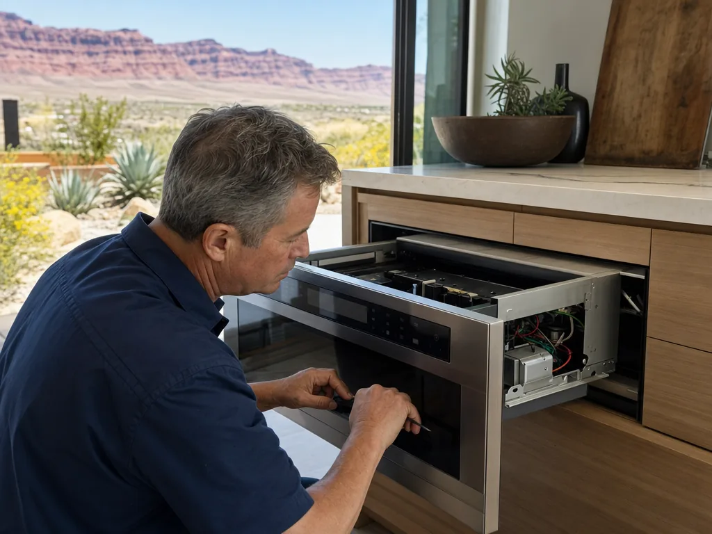 Technician repairing a built-in microwave in a Las Vegas kitchen