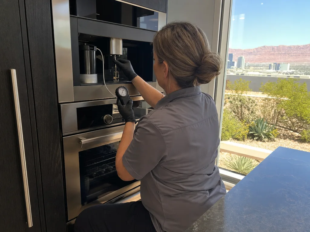 Technician servicing a Miele built-in appliance in a Las Vegas home