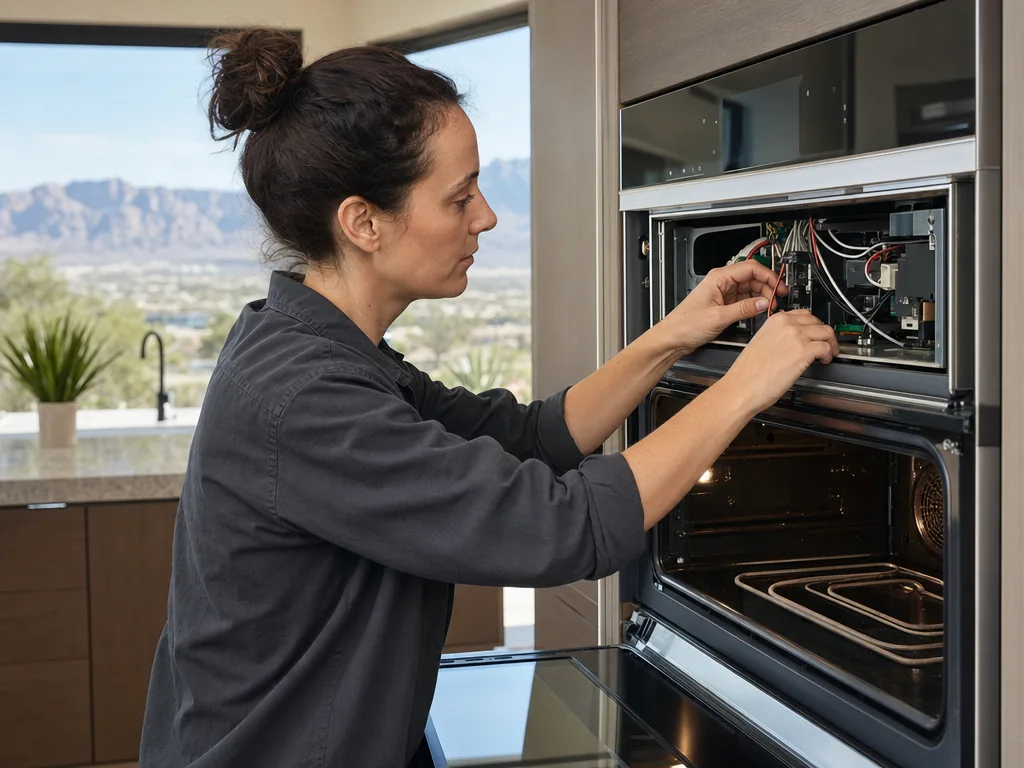 Technician repairing a built-in oven in a Las Vegas kitchen