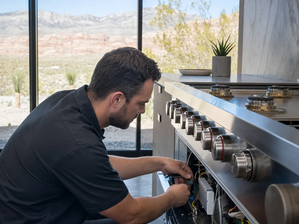 Technician repairing a built-in range in a Las Vegas kitchen