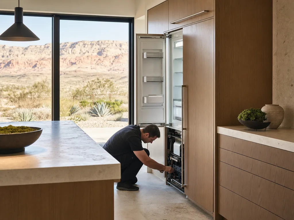 Technician repairing a built-in refrigerator in a Las Vegas kitchen