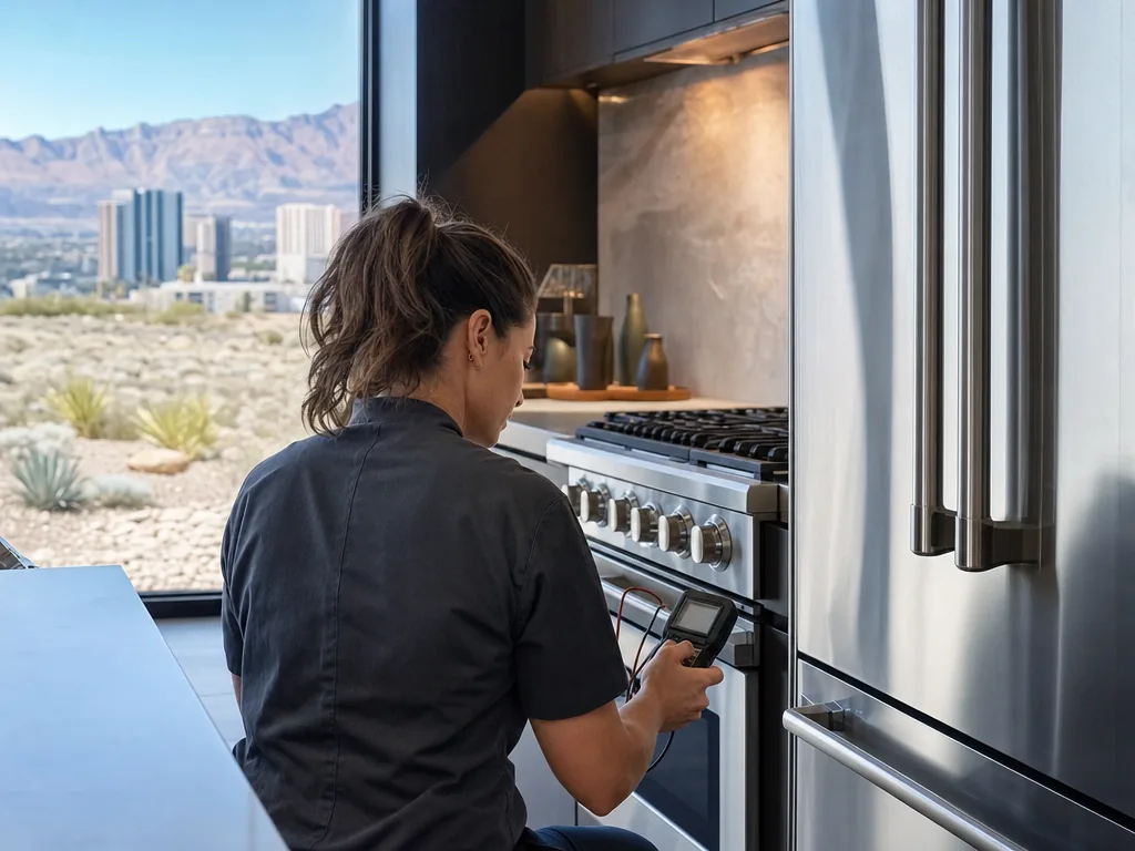 Technician servicing a Samsung built-in appliance in a Las Vegas home