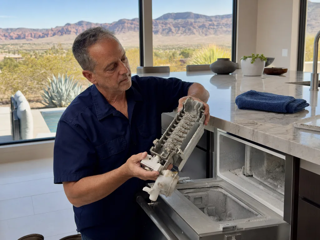 Scale in an ice maker during an appliance repair visit in Las Vegas, Nevada