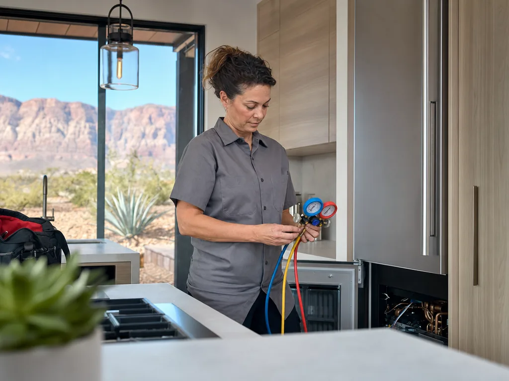 Sealed-system pressure testing during an appliance repair visit in Las Vegas, Nevada