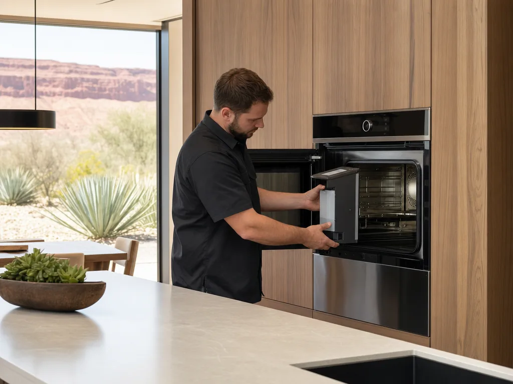 Technician repairing a built-in steam oven in a Las Vegas kitchen