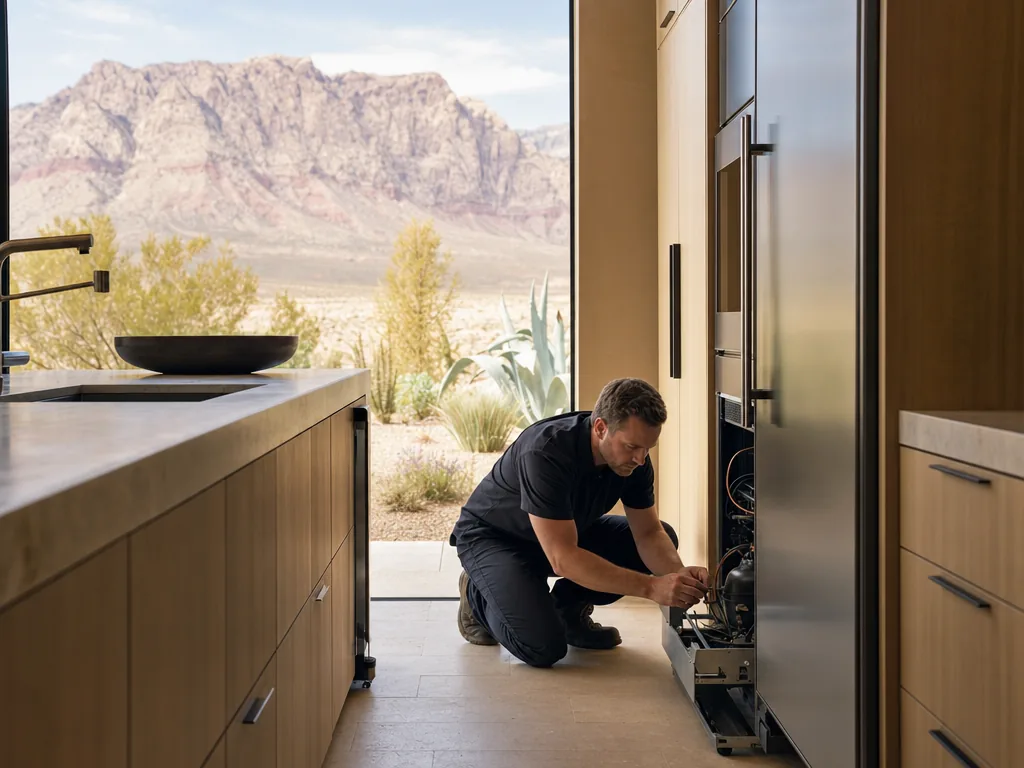 Technician servicing a built-in Sub-Zero refrigerator in a Las Vegas kitchen