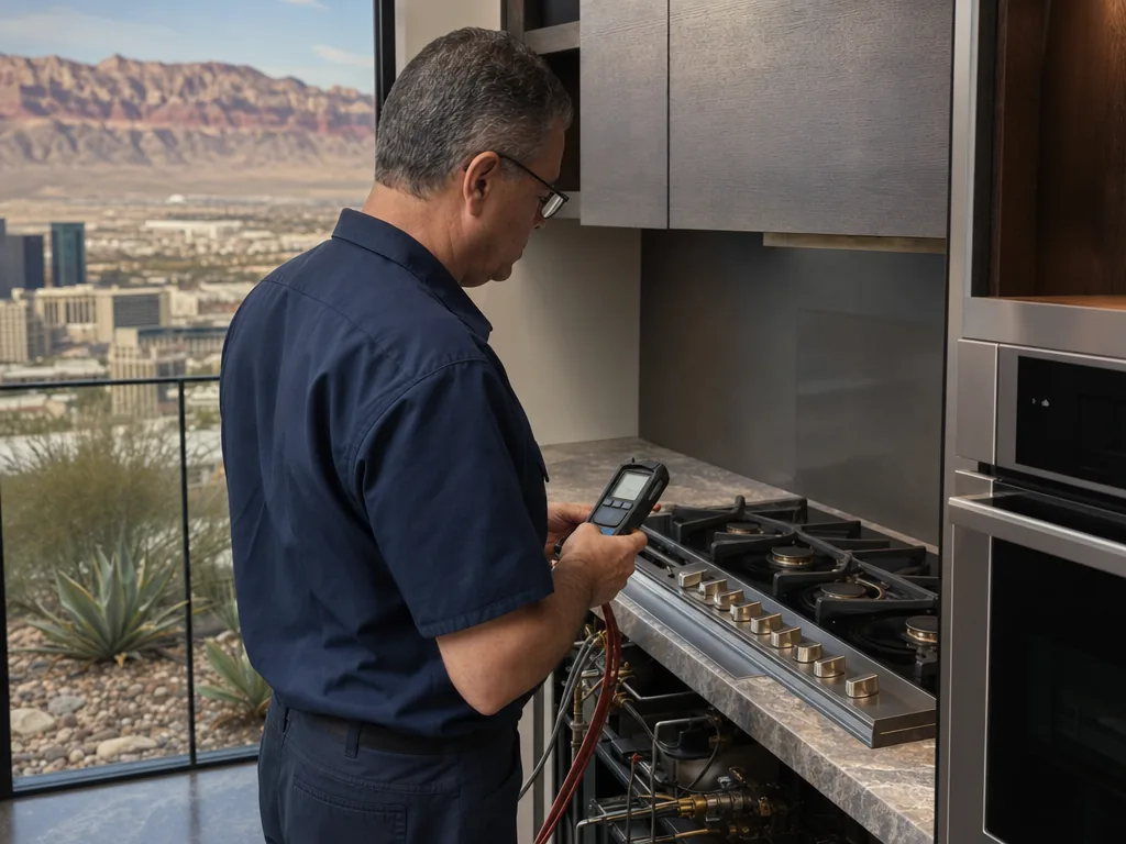 Technician servicing a Thermador built-in appliance in a Las Vegas home