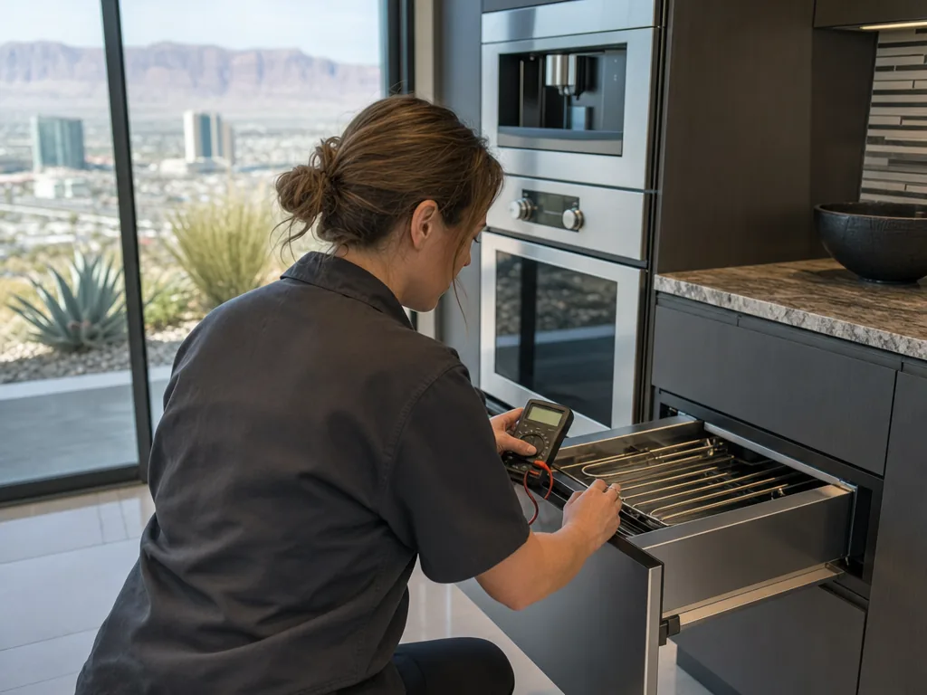 Technician repairing a built-in warming drawer in a Las Vegas kitchen