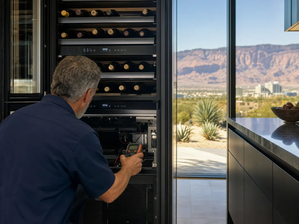 Technician repairing a built-in wine cooler in a Las Vegas kitchen