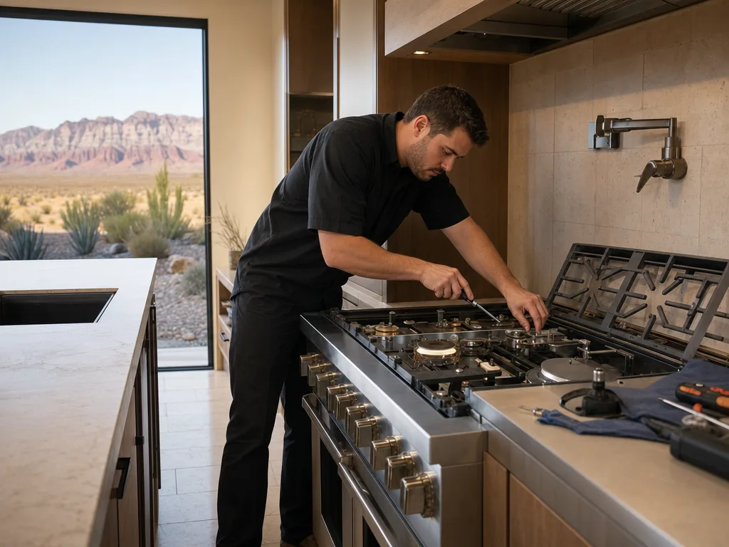 Technician servicing a Wolf built-in appliance in a Las Vegas home